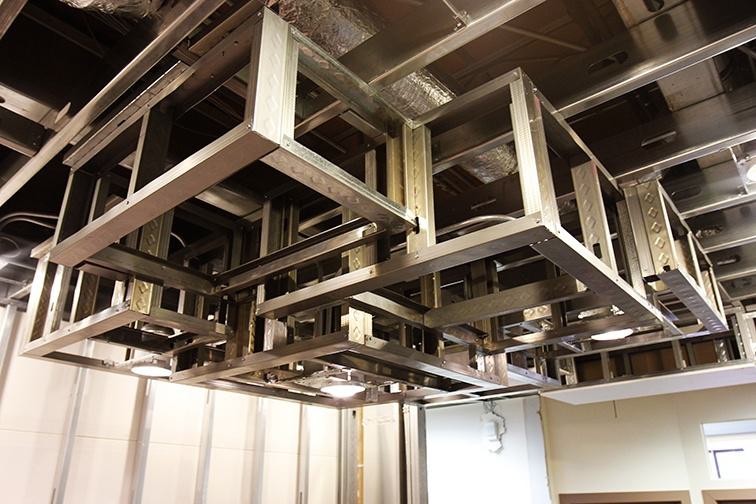 Using framing with steel studs to create framing for unique ceiling details in commercial application. Using framing with steel studs to create framing for unique ceiling details in commercial application.