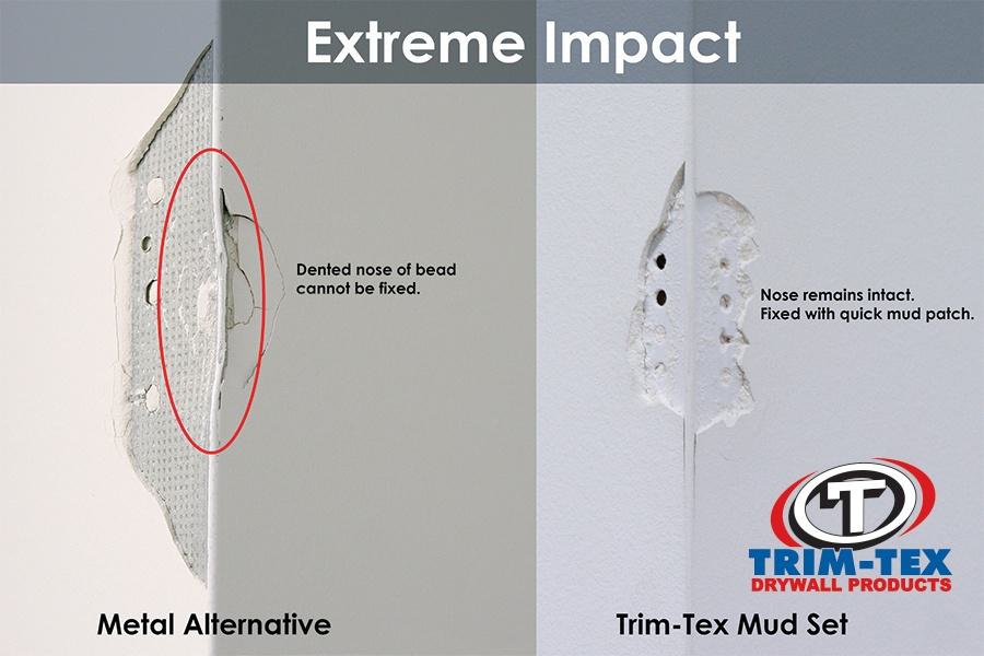 Because of the elastic properties of rigid vinyl, the nose of a Trim-Tex bead is able to retain its original shape even after impact. Because of the elastic properties of rigid vinyl, the nose of a Trim-Tex bead is able to retain its original shape even after impact.