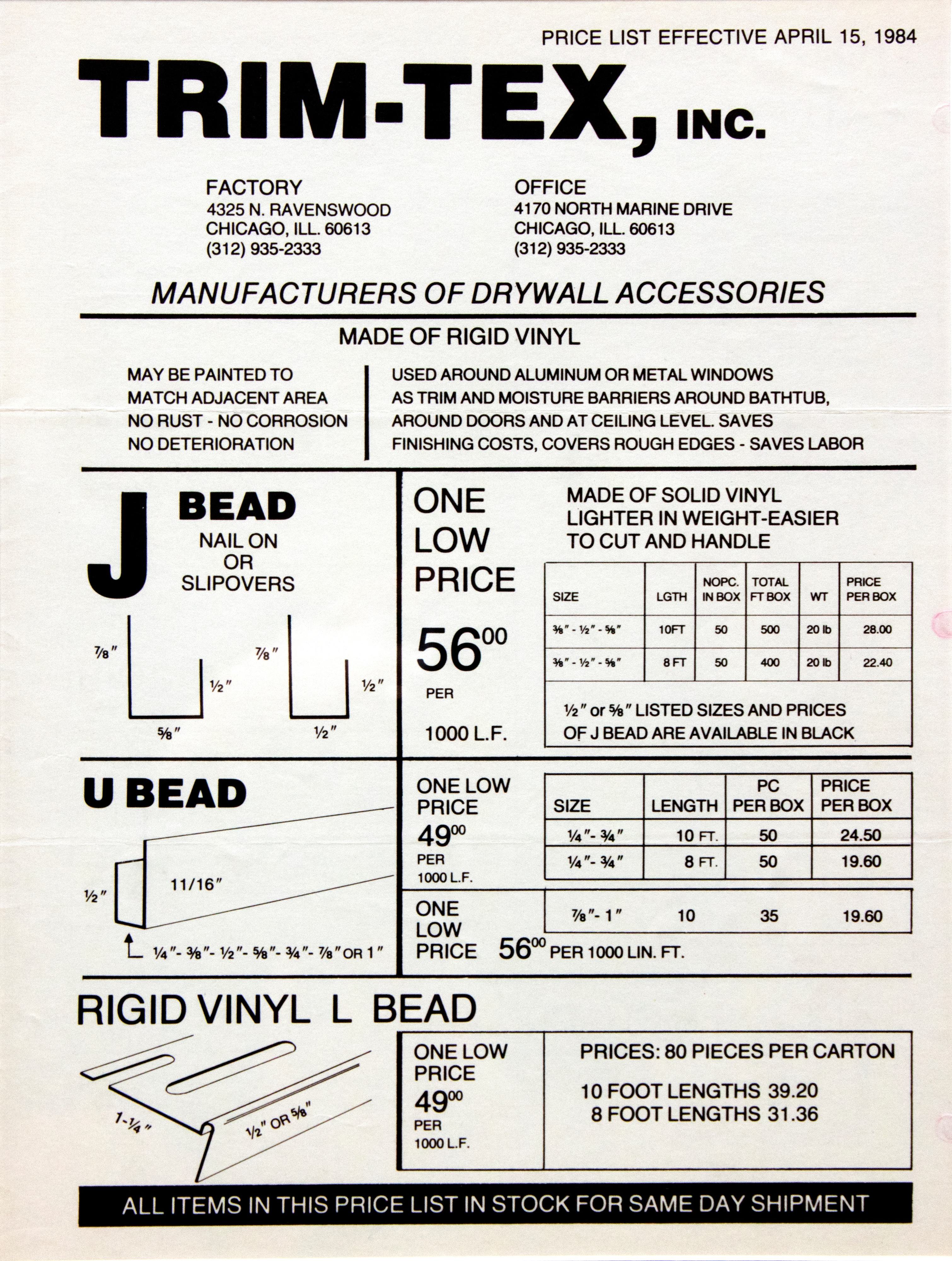 An original price list from Trim-Tex in 1984. An original price list from Trim-Tex in 1984.